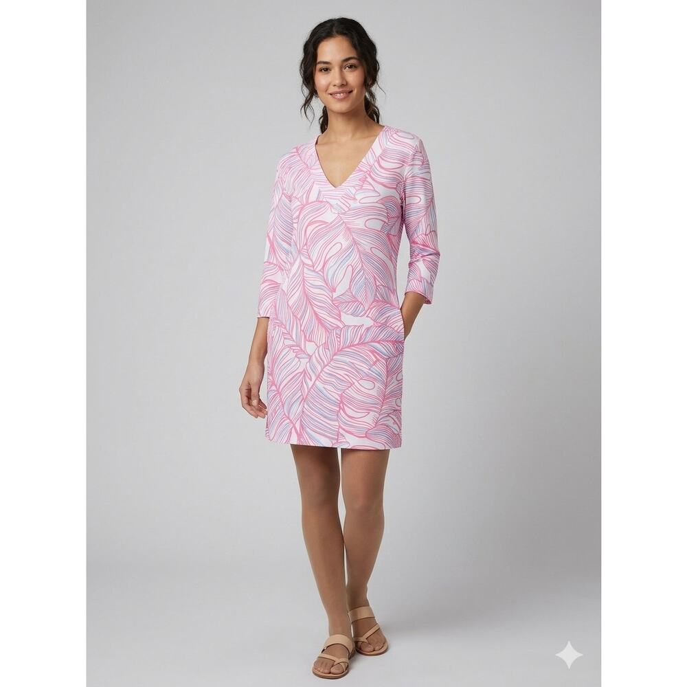 Stella Parker Collection Pink Palm Leaf V-Neck Tunic Dress Size XL 3/4 Sleeve